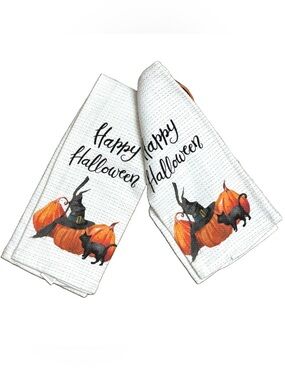 HALLOWEEN KITCHEN TOWEL SET OF 2 BLACK CAT WITCH HAT PUMPKIN WAFFLE WEAVE COTTON